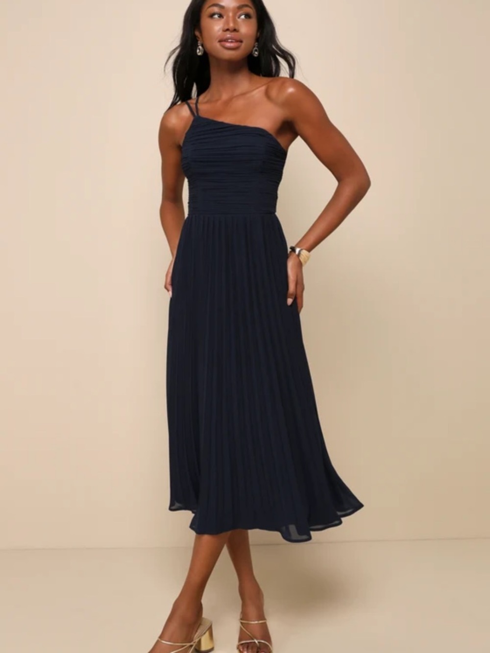 Lulu's Wondrous Muse Navy Blue Pleated One-Shoulder Midi Dress